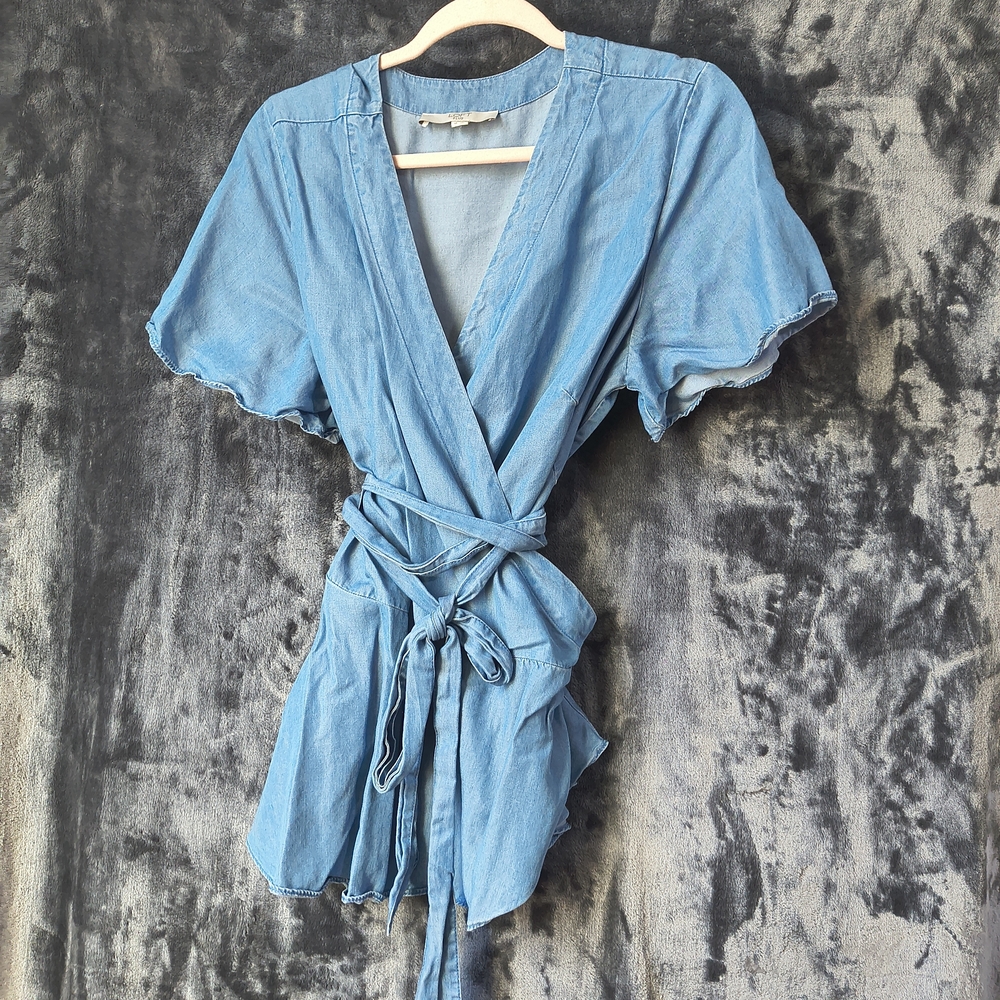 LOFT Light Blue Lyocell Wrap Blouse with Tie Waist 18